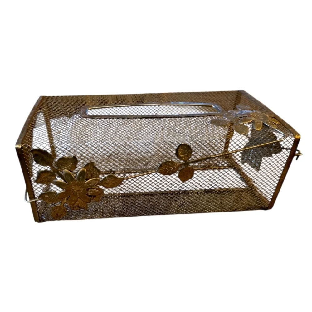 Gold Mesh Bathroom Tissue Box Floral Hollywood Regency Retro Vintage Oblong